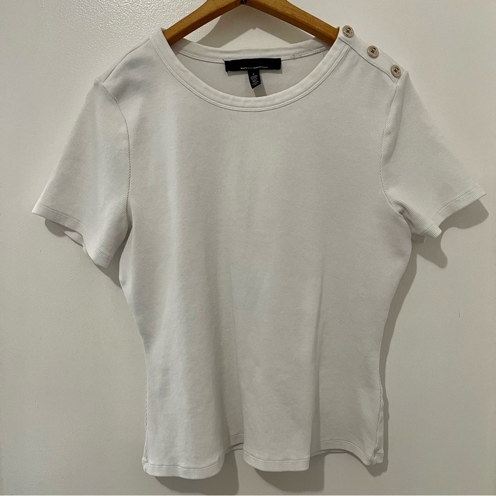 White Ribbed Button-Shoulder Tee | Minimalist Chic & Nautical